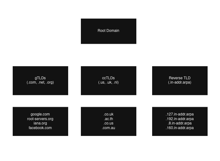 DNS tree from the Root Domain to Second Level Domains